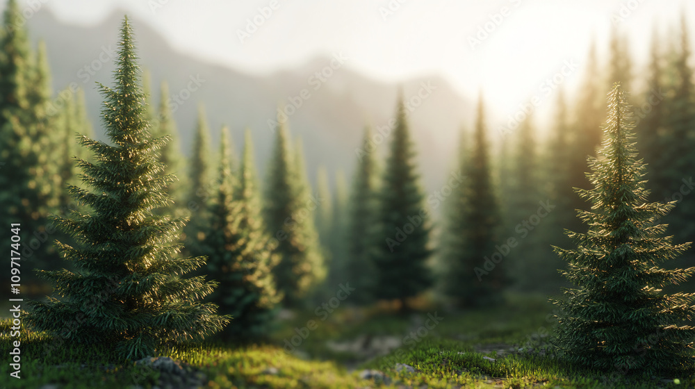 Poster magical atmosphere in a dense evergreen forest as warm sunlight filters through the trees