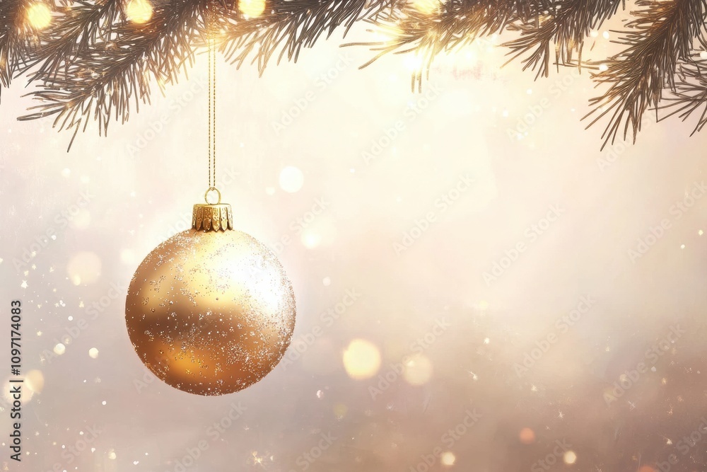 Poster a golden christmas ornament dangles from a pine branch, reflecting warm light and creating a joyful 
