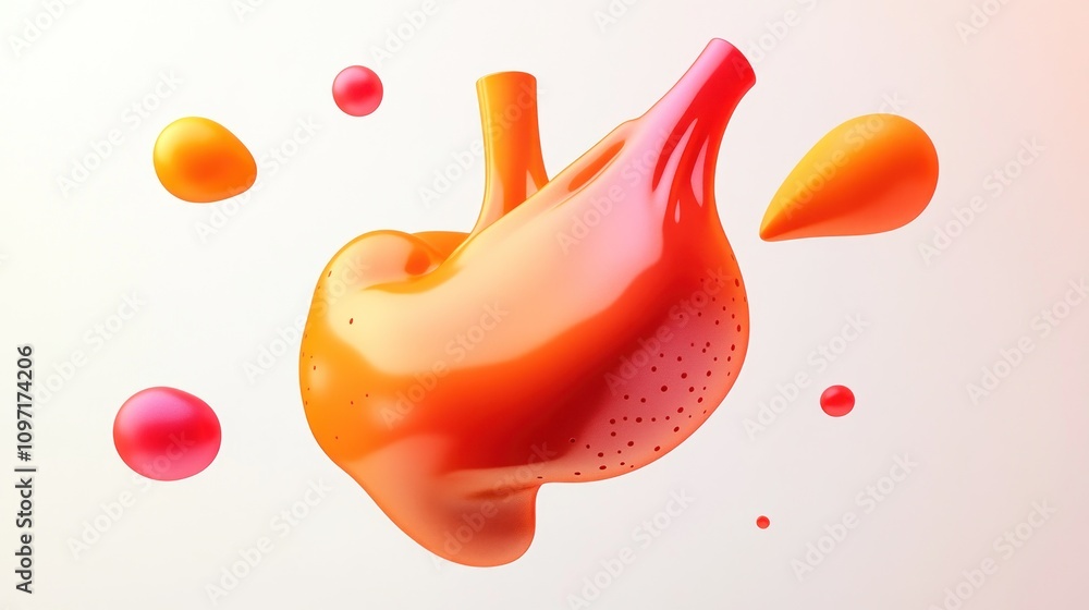 Poster A stylized, abstract representation of a stomach with colorful droplets.