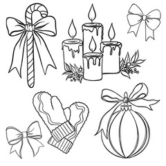 Christmas new year stickers in cartoon style. Holiday Christmas Sticker Set Free Hand Drawn