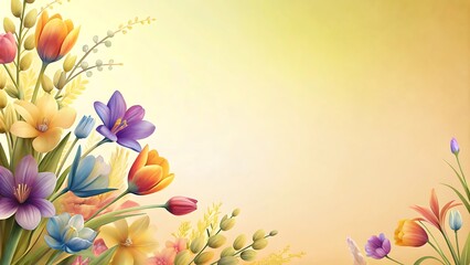 spring yellow background with colorful flowers and copy space