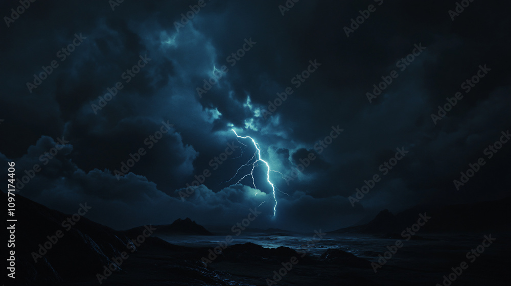 Aufkleber intense lightning lights up the stormy ocean and cloudy sky in a dramatic thunderstorm
