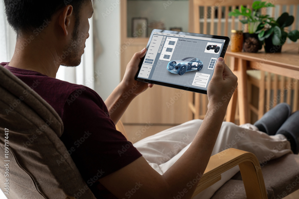 Poster electric car design software on computer screen showing simulation blueprint snugly by digital calcu