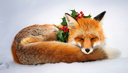 Obraz premium A charming watercolor red fox curled up peacefully in the snow, surrounded by a delicate holly wreath adorned with red berries, creating a cozy and festive winter scene. 