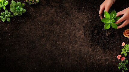 A person planting a green herb in rich soil, surrounded by various plants.