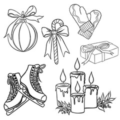 Christmas new year stickers in cartoon style. Holiday Christmas Sticker Set Free Hand Drawn