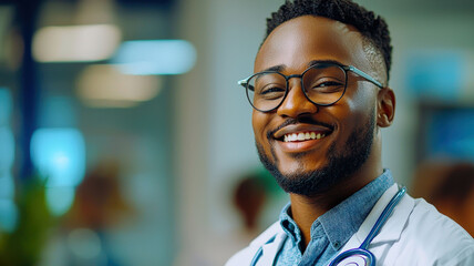 Obraz premium A professional banner showing a smiling doctor in a modern clinic setting. The design includes ample space on the side for text or promotional messages, ideal for healthcare advertisements.