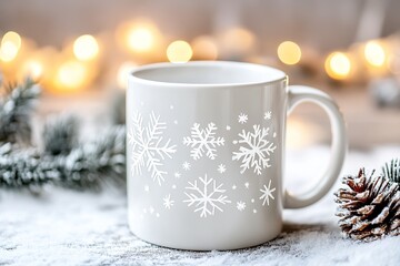 Cozy winter concept with snowflake mug and warm lights