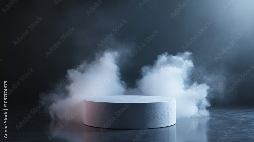 Poster white cylinder podium emerging from smoke on dark background, creating a mysterious and elegant atmo