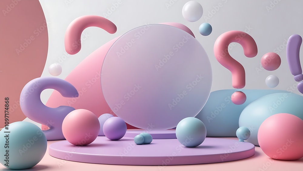 Poster pastel-colored 3d shapes and question marks surround a blank circular display.