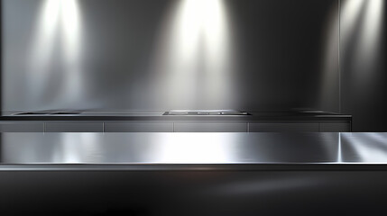 Polished stainless steel counter with spotlight shining above, modern and sleek design, perfect for contemporary kitchen or industrial interior themes. Burnished Metallic Glow. Illustration