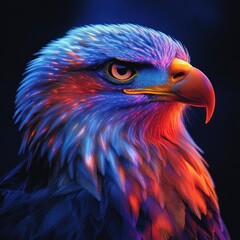 Fototapeta premium A vibrant, stylized portrait of an eagle with colorful feathers and intense gaze.