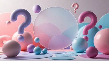 Pastel-colored spheres and question marks surround a blank circle, creating an abstract background ideal for presentations or advertising.