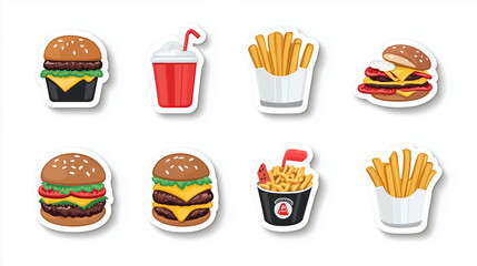 Fast Food Vector Sticker Set with Burgers Fries and Pizza