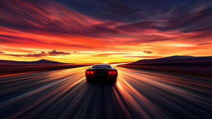 Sleek black sports car races down the highway during sunset, creating a captivating motion blur. The dynamic sky hues and streaks of light evoke a sense of thrill and liberation