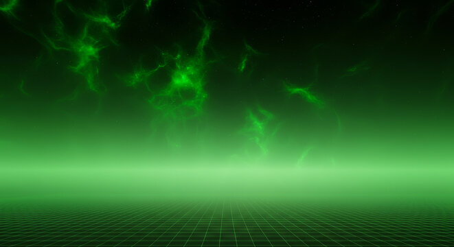Futuristic green nebula and grid horizon in digital space