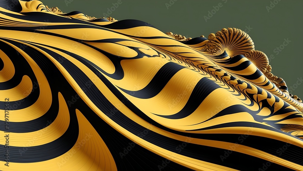 Poster abstract 3d rendering of flowing yellow and black stripes creating a wavy, organic texture.