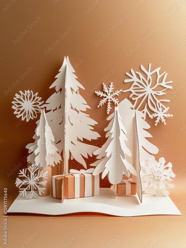 Poster this handcrafted holiday card features delicately cut-out trees and snowflakes alongside neatly arra