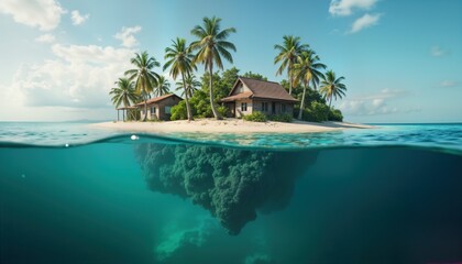 Naklejka premium Tropical island houses submerged underwater. Rising sea levels threaten coastal homes. Climate change impact. Ocean eco system. Global warming. Beach paradise. Eco disaster. Protect environment.