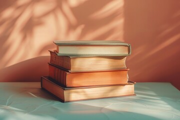A stack of four books is beautifully enveloped in warm sunlight and subtle shadows, creating an inviting and thoughtful ambiance.