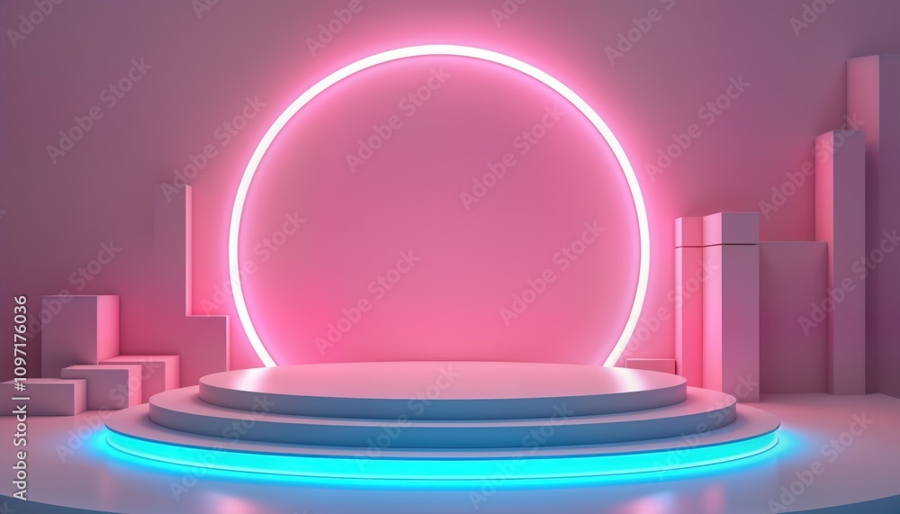 Leinwandbilder abstract pink blue neon light. futuristic tech exhibition stand. empty platform stage. modern produc