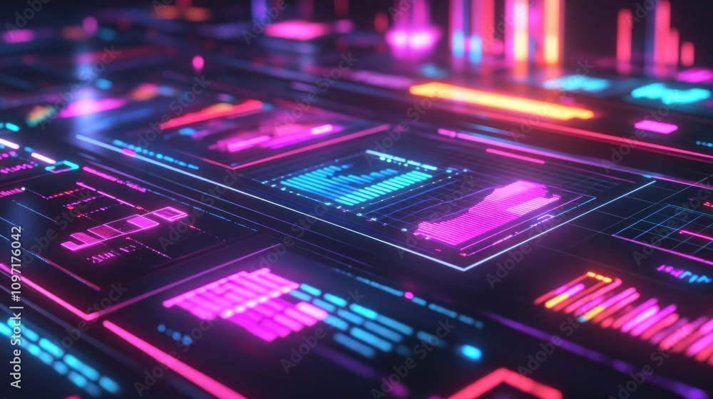 Poster Neon Glow Digital Data Interface Displays Charts