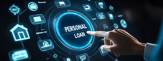 Personal loan and financial services concept. A person interacts with icons financial services, personal loans, interest rates, banking, and payment options. Online accessing financial products. money