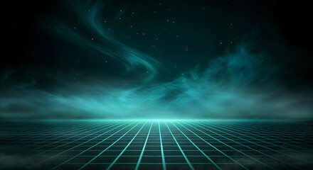 Futuristic digital grid with mystical clouds and starry night sky