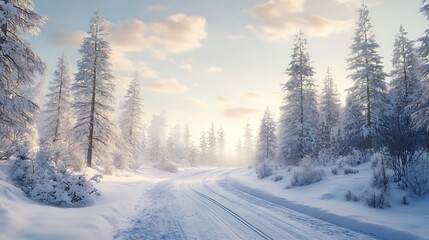 Obraz premium A serene winter landscape with snow-covered trees and a winding path under a soft sky.