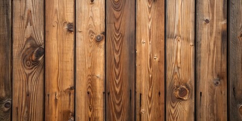 Fototapeta premium Close-up of vertical wooden planks with rich brown tones and natural knots, ideal for backgrounds, textures, or rustic designs