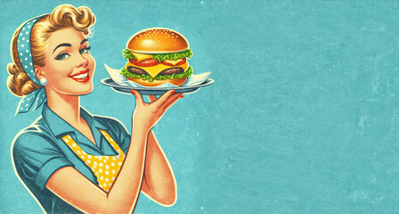 Cheerful woman with apron serving cheeseburger on a tray. Colorful vintage style illustration with paper texture. Copy space for text. Happy housewife of the 1950s concept.