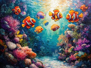 Obraz premium Colorful underwater scene with vibrant fish and coral reefs.