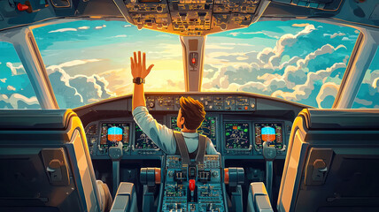 A cheerful cartoon-style pilot waving from the cockpit of a colorful airplane. The cockpit features large windows, and the background includes fluffy clouds, creating a joyful aviation scene