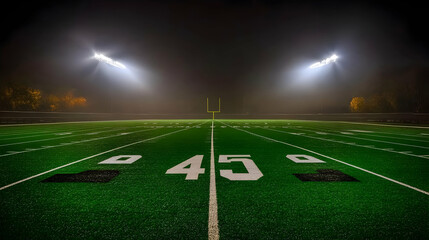 Empty Football Field at Night with Bright Shining Lights