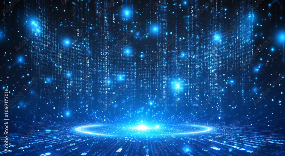 Aufkleber Digital abstract design with glowing blue lights and binary patterns creating a futuristic atmosphere at night
