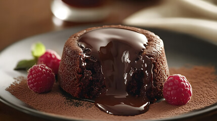 Capturing the Essence of a Vegan Molten Chocolate Cake in a Warm Setting with Rustic Elegance and Close-up Detail