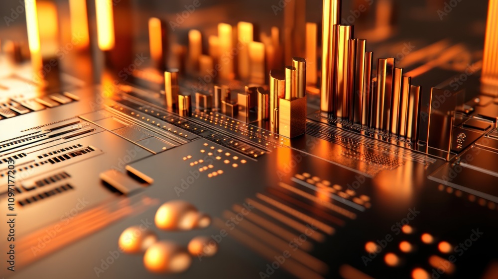 Poster abstract representation of a circuit board with glowing elements and data visualizations.