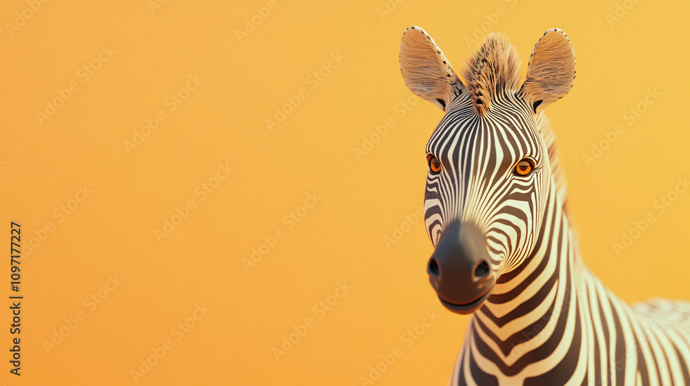 Poster 3d render of a zebra posing on an orange background, creating a striking visual contrast