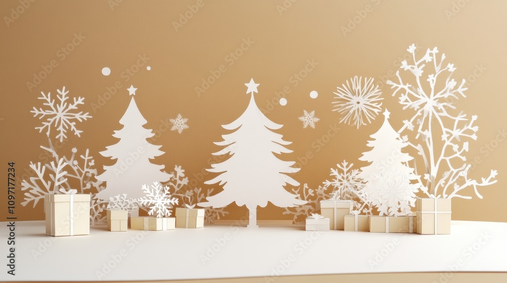 Poster a beautifully designed holiday card showcases cut-out trees and intricate snowflakes with small gift