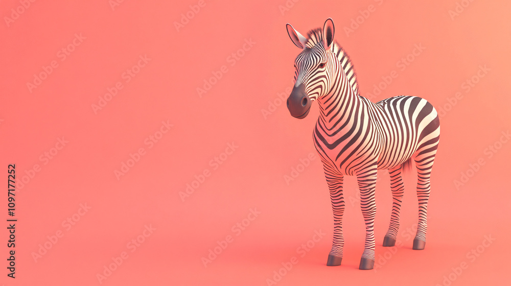 Poster zebra standing against a vivid coral backdrop, showcasing a bold visual juxtaposition and embodying 
