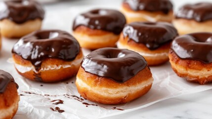 Freshly baked donuts topped with glossy chocolate glaze and filled with creamy frosting,