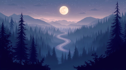 Eerie night scene featuring a misty forest landscape and a winding road under the glow of a full moon, creating a mysterious atmosphere. Moonlight Shadow Forest. Illustration