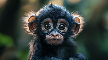 Fototapeta premium Close-up of an inquisitive baby monkey with wide eyes, capturing the delicate and captivating nature of wildlife in its natural jungle habitat