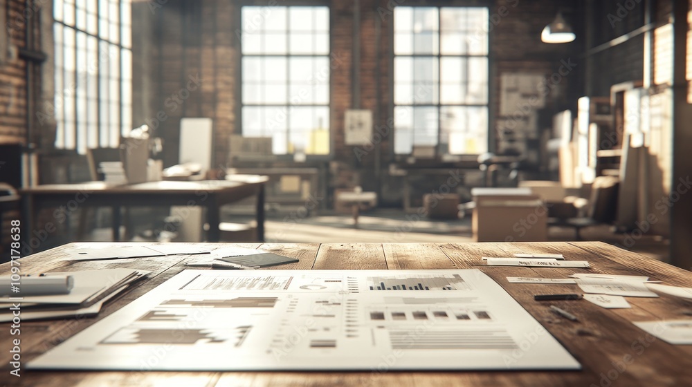 Poster a bright workspace with documents and charts on a wooden table, suggesting planning or analysis.