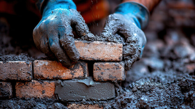 A close-up of bricks being layered with mortar, showcasing the textured surface of the bricks and the application of wet mortar between them. This image captures the craftsmanship involved in bricklay