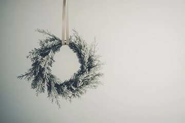 Hanging festive wreath on plain backdrop