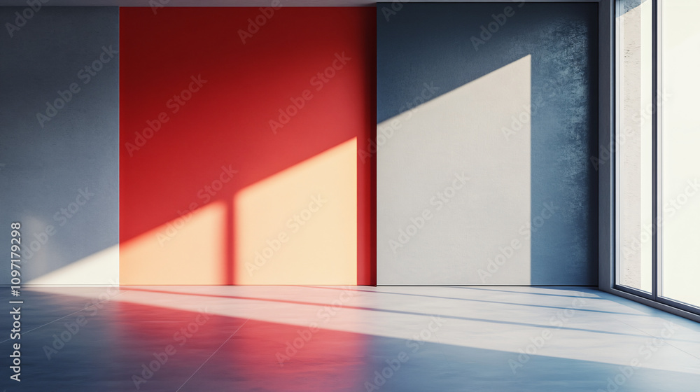 Poster sunlight is illuminating an empty room with colorful walls and a concrete floor