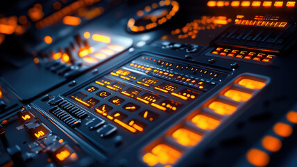 A detailed cockpit control panel featuring illuminated buttons, flight instruments, and displays, creating an immersive aviation experience.