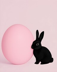 Obraz premium Black bunny with pink balloon on pastel background, perfect for Easter marketing, spring celebrations, children's events, pet shops, minimal design projects and modern holiday content 
