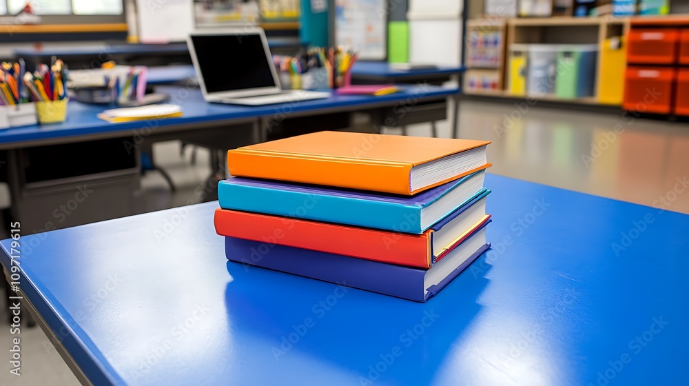 Poster a stack of colorful books on a blue table in a classroom setting.